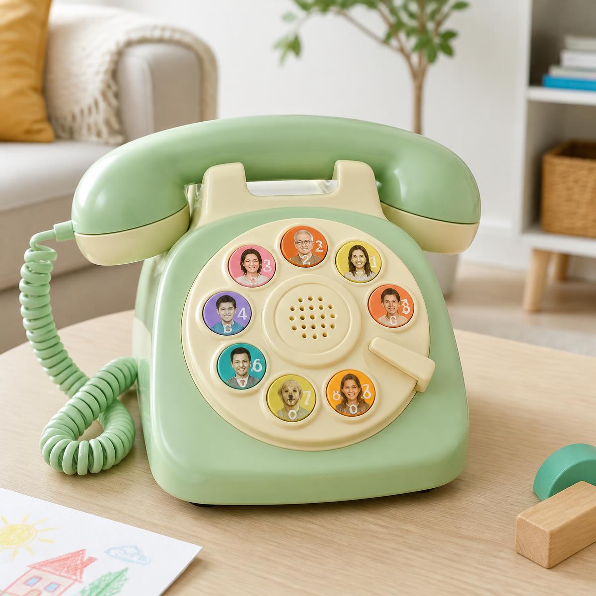The Giggles retro landline handset with photo speed-dial keys on a family table